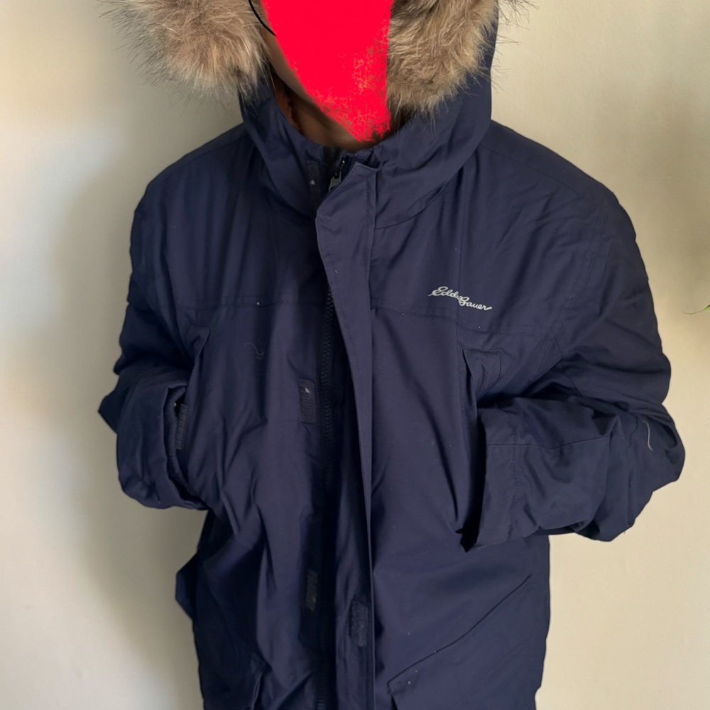 Eddie Bauer Dark Blue Parka with Faux Fur Trim Hood